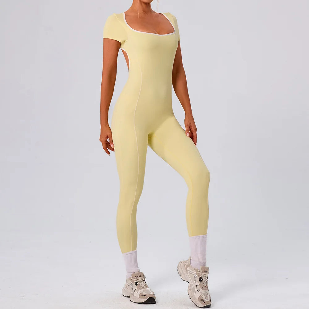 Gym Jumpsuits Women Sexy Open Back Sport Overallls Yoga Jumpsuit Workout One Pieces Suits Short Sleeve Romper Bodysuit