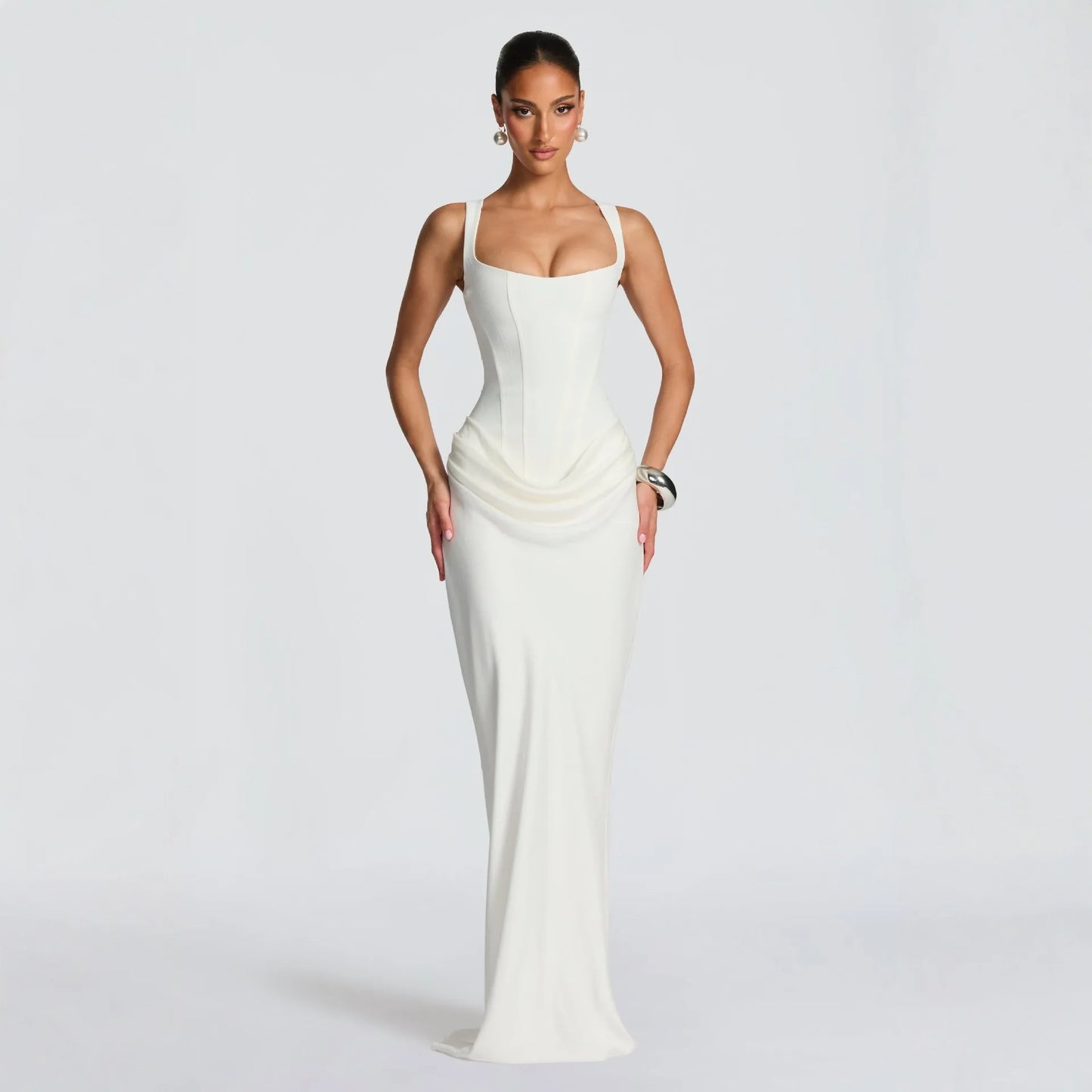 Women's Formal Mermaid Dress Bandeau Neckline Regular Sleeves High Waist Anti-Static Fishbone Technique Solid Color