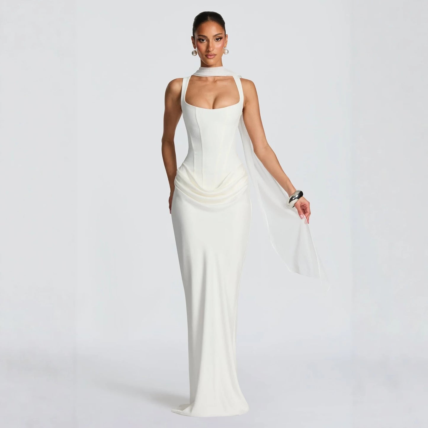 Women's Formal Mermaid Dress Bandeau Neckline Regular Sleeves High Waist Anti-Static Fishbone Technique Solid Color