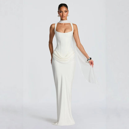 Women's Formal Mermaid Dress Bandeau Neckline Regular Sleeves High Waist Anti-Static Fishbone Technique Solid Color