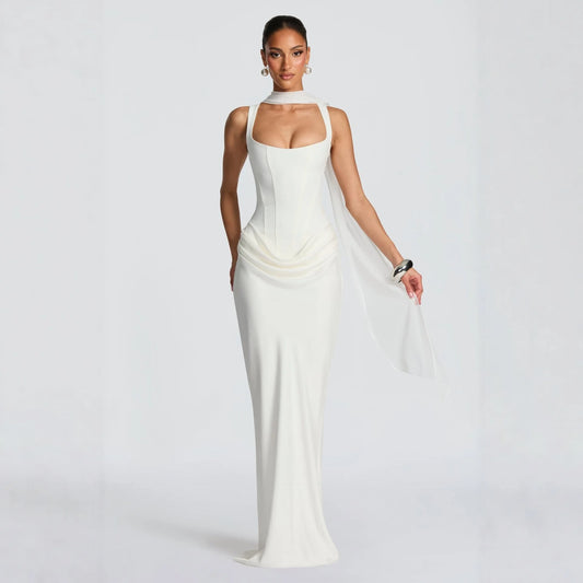 Women's Formal Mermaid Dress Bandeau Neckline Regular Sleeves High Waist Anti-Static Fishbone Technique Solid Color