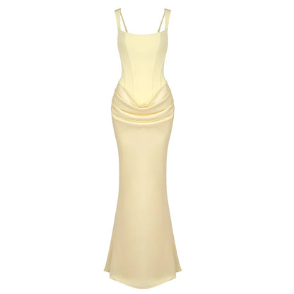 Elegant Backless Sexy Floor-Length  Dress Women  Fashion Square Collar Sleeveless Skinny Ruched Club Party Long Dresses