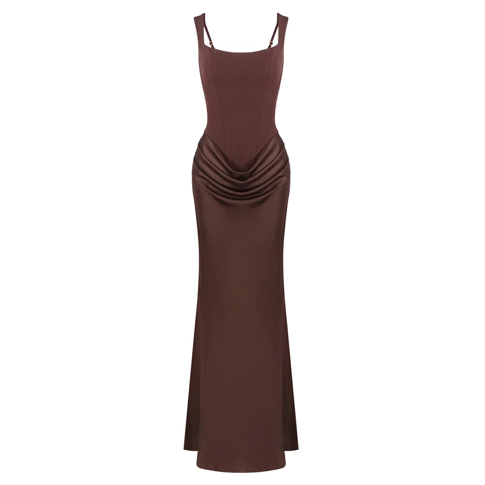 Elegant Backless Sexy Floor-Length  Dress Women  Fashion Square Collar Sleeveless Skinny Ruched Club Party Long Dresses