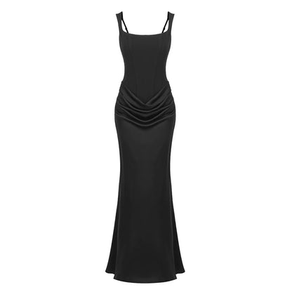 Elegant Backless Sexy Floor-Length  Dress Women  Fashion Square Collar Sleeveless Skinny Ruched Club Party Long Dresses