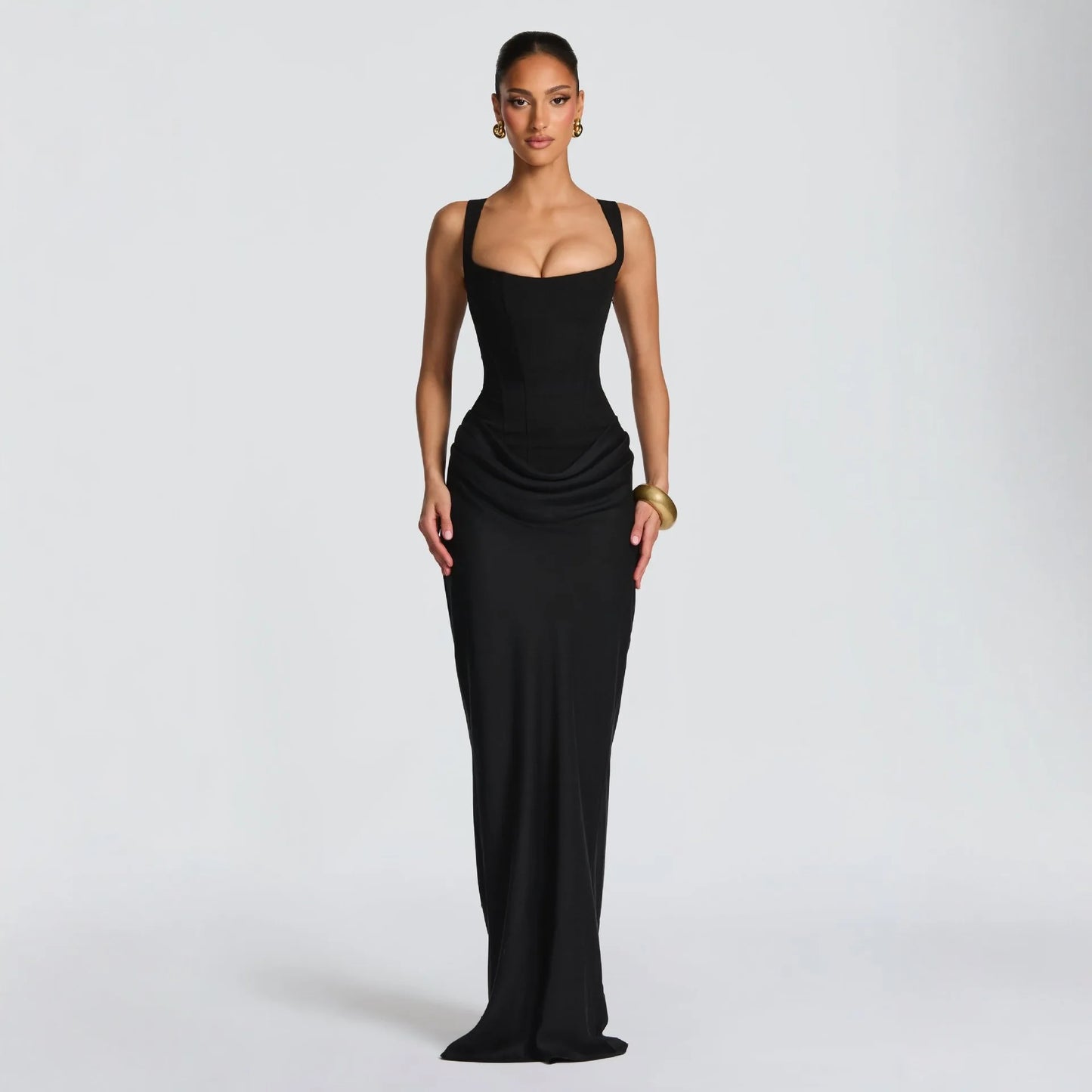 Women's Formal Mermaid Dress Bandeau Neckline Regular Sleeves High Waist Anti-Static Fishbone Technique Solid Color