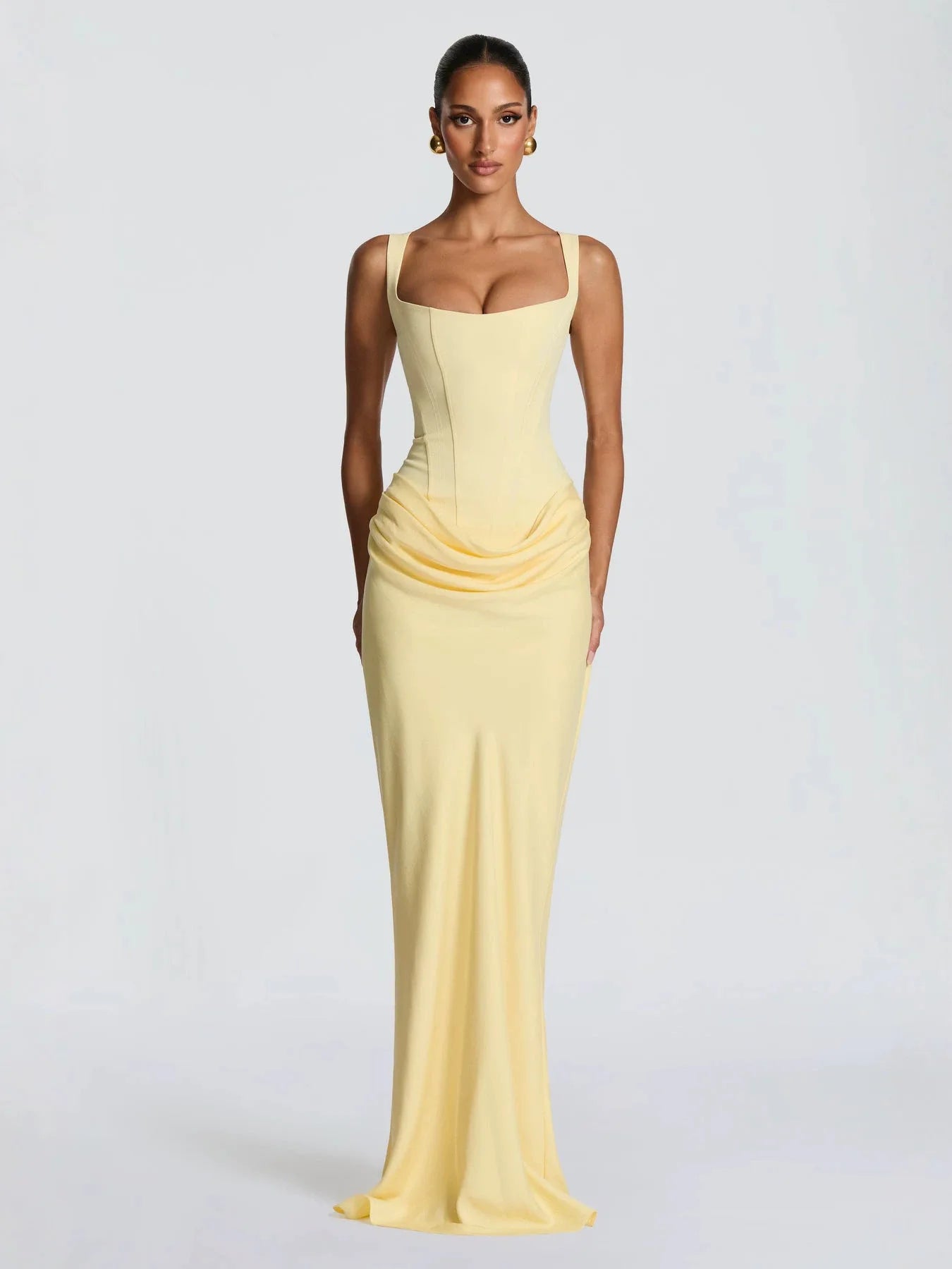 Elegant Backless Sexy Floor-Length  Dress Women  Fashion Square Collar Sleeveless Skinny Ruched Club Party Long Dresses