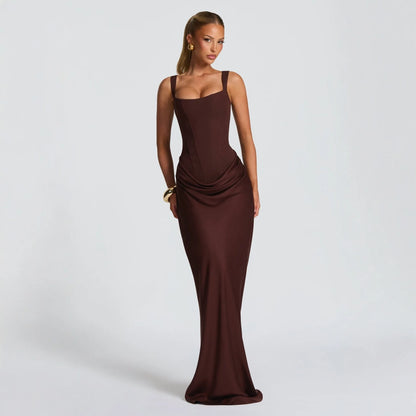 Women's Formal Mermaid Dress Bandeau Neckline Regular Sleeves High Waist Anti-Static Fishbone Technique Solid Color
