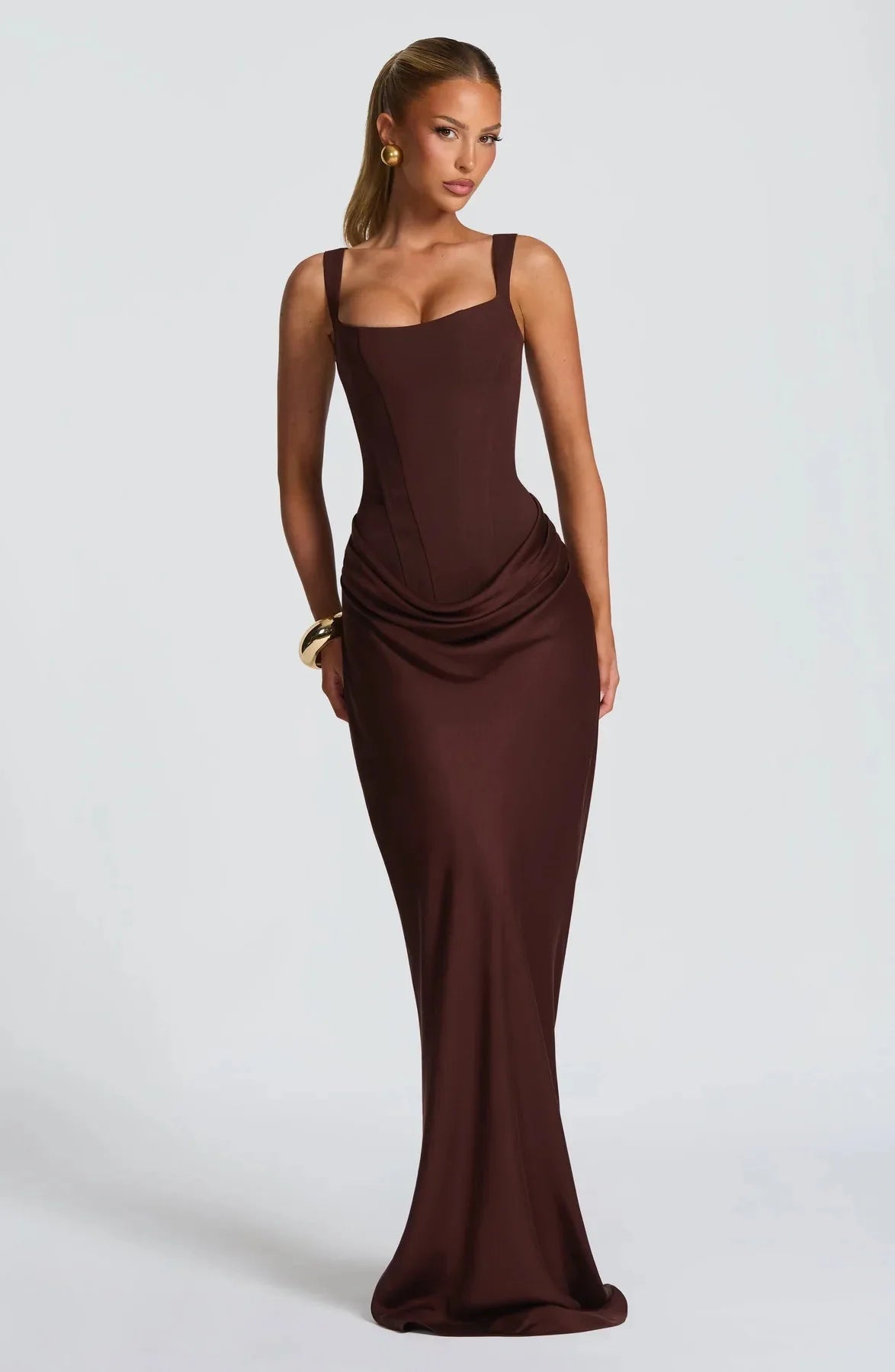 Elegant Backless Sexy Floor-Length  Dress Women  Fashion Square Collar Sleeveless Skinny Ruched Club Party Long Dresses
