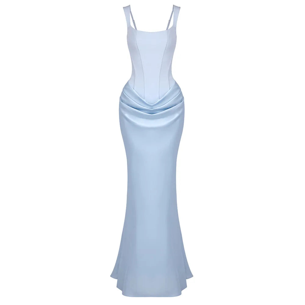 Elegant Backless Sexy Floor-Length  Dress Women  Fashion Square Collar Sleeveless Skinny Ruched Club Party Long Dresses