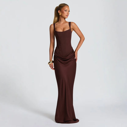 Women's Formal Mermaid Dress Bandeau Neckline Regular Sleeves High Waist Anti-Static Fishbone Technique Solid Color