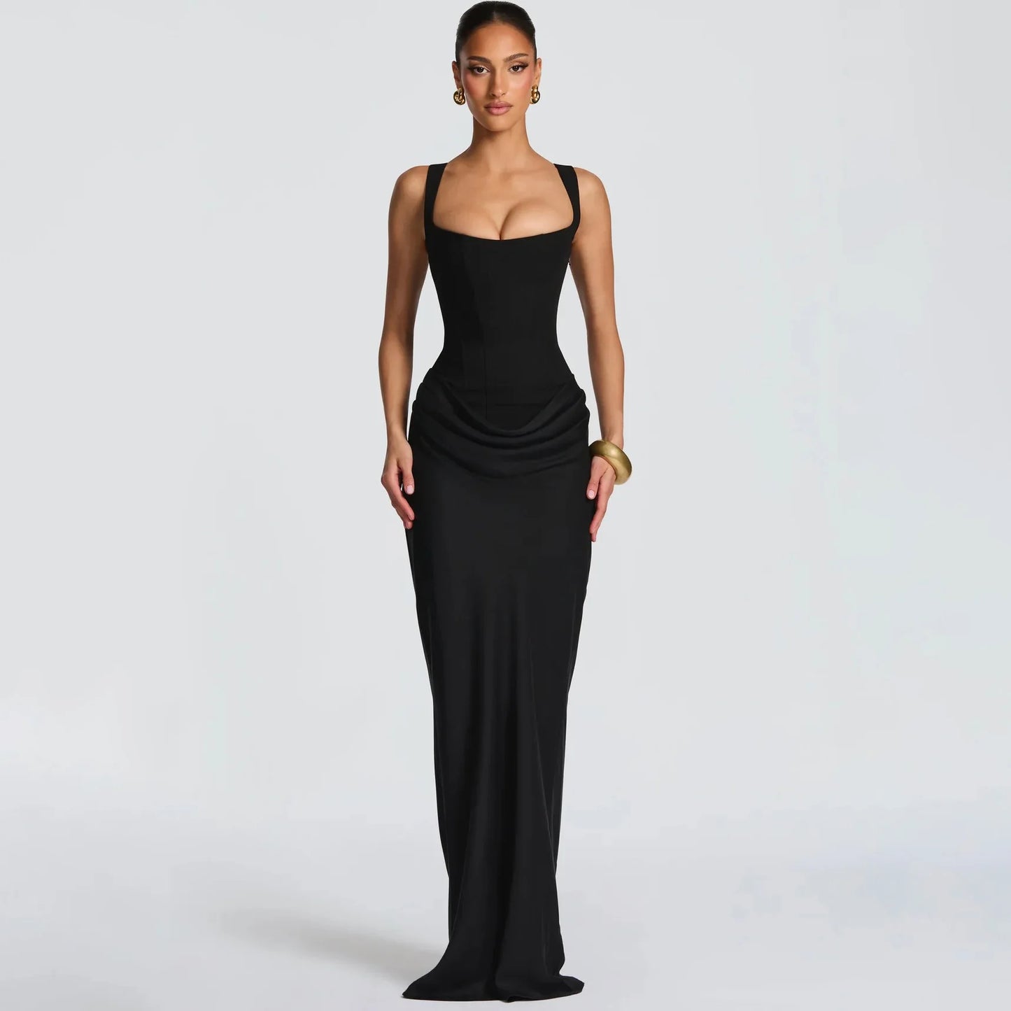 Elegant Backless Sexy Floor-Length  Dress Women  Fashion Square Collar Sleeveless Skinny Ruched Club Party Long Dresses