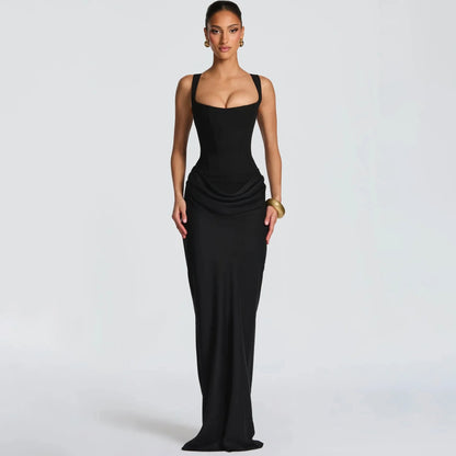 Elegant Backless Sexy Floor-Length  Dress Women  Fashion Square Collar Sleeveless Skinny Ruched Club Party Long Dresses