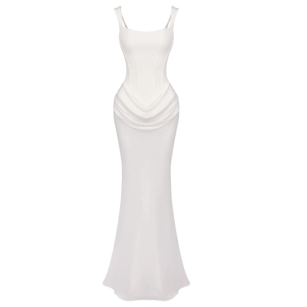 Elegant Backless Sexy Floor-Length  Dress Women  Fashion Square Collar Sleeveless Skinny Ruched Club Party Long Dresses