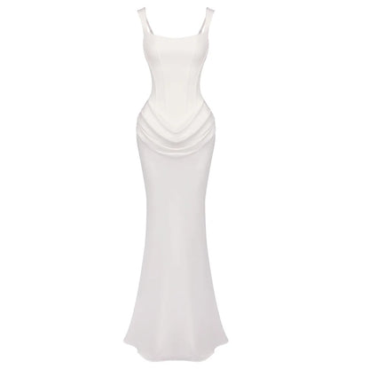 Elegant Backless Sexy Floor-Length  Dress Women  Fashion Square Collar Sleeveless Skinny Ruched Club Party Long Dresses