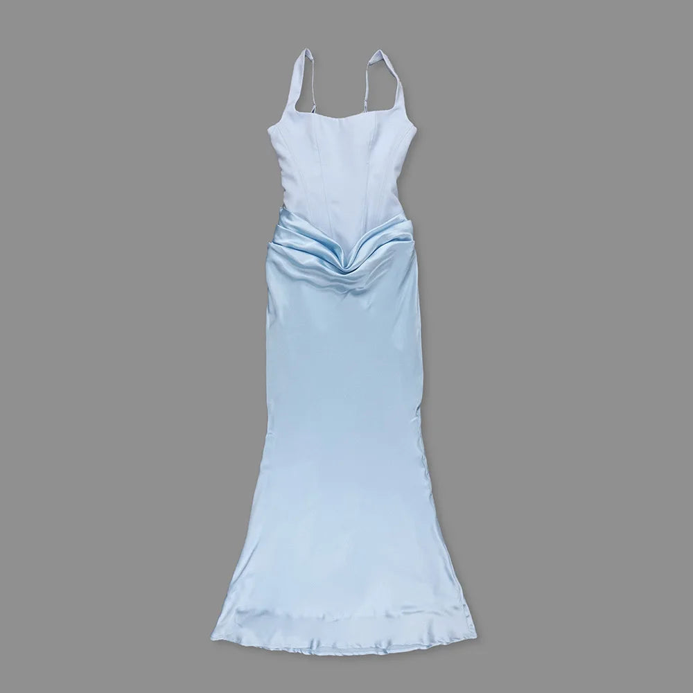 Elegant Backless Sexy Floor-Length  Dress Women  Fashion Square Collar Sleeveless Skinny Ruched Club Party Long Dresses