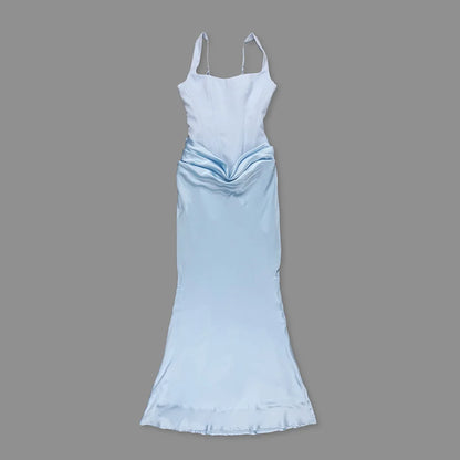 Elegant Backless Sexy Floor-Length  Dress Women  Fashion Square Collar Sleeveless Skinny Ruched Club Party Long Dresses