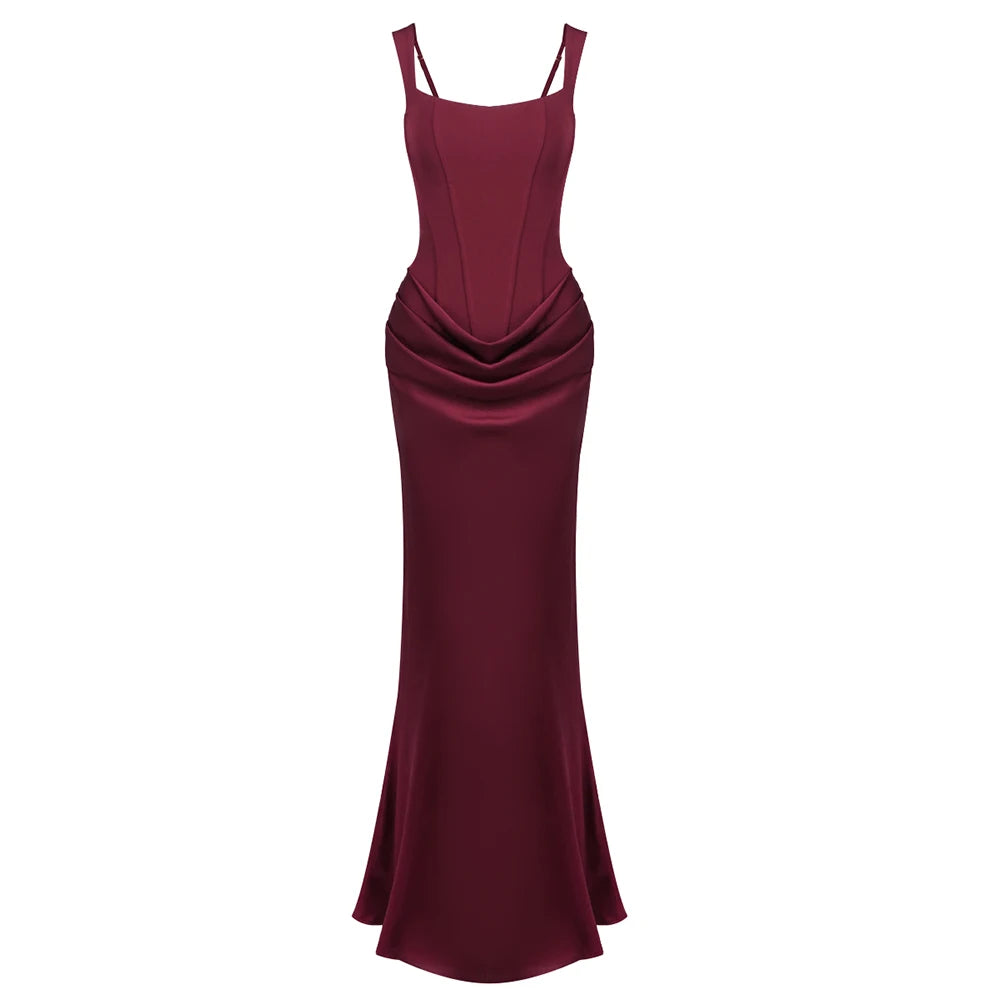 Elegant Backless Sexy Floor-Length  Dress Women  Fashion Square Collar Sleeveless Skinny Ruched Club Party Long Dresses