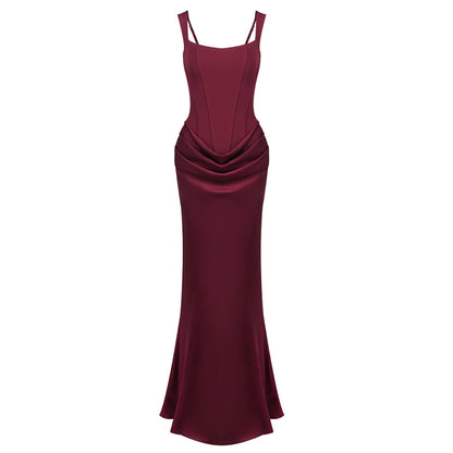 Elegant Backless Sexy Floor-Length  Dress Women  Fashion Square Collar Sleeveless Skinny Ruched Club Party Long Dresses