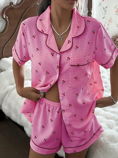 Pink Plaid Cherry Print Shirt Collar Short Sleeve & Shorts Pajama Set For Women