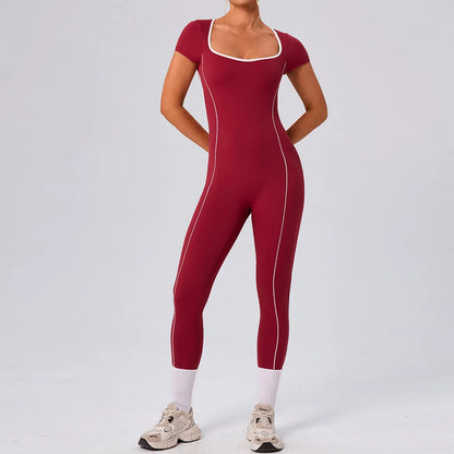 Gym Jumpsuits Women Sexy Open Back Sport Overallls Yoga Jumpsuit Workout One Pieces Suits Short Sleeve Romper Bodysuit