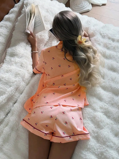 Pink Plaid Cherry Print Shirt Collar Short Sleeve & Shorts Pajama Set For Women