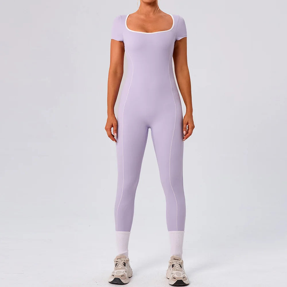 Gym Jumpsuits Women Sexy Open Back Sport Overallls Yoga Jumpsuit Workout One Pieces Suits Short Sleeve Romper Bodysuit