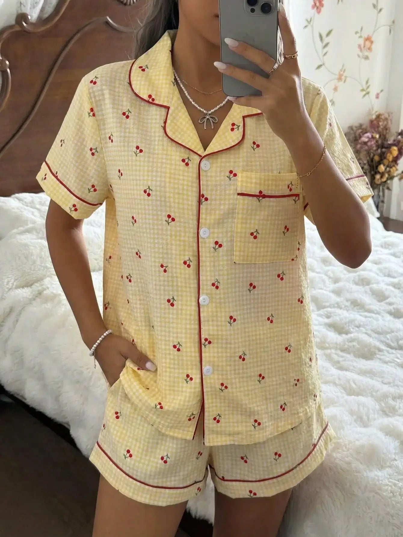 Pink Plaid Cherry Print Shirt Collar Short Sleeve & Shorts Pajama Set For Women