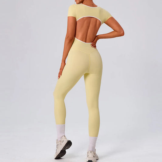 Gym Jumpsuits Women Sexy Open Back Sport Overallls Yoga Jumpsuit Workout One Pieces Suits Short Sleeve Romper Bodysuit