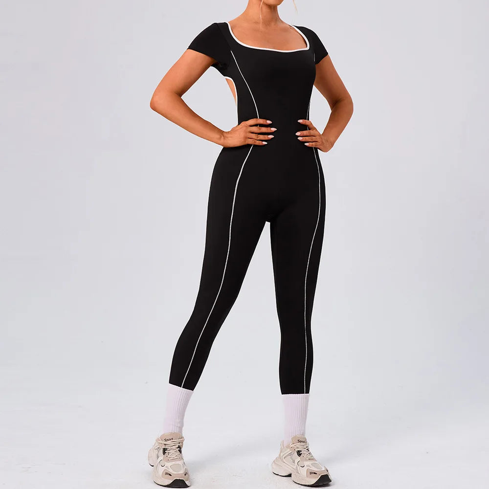 Gym Jumpsuits Women Sexy Open Back Sport Overallls Yoga Jumpsuit Workout One Pieces Suits Short Sleeve Romper Bodysuit