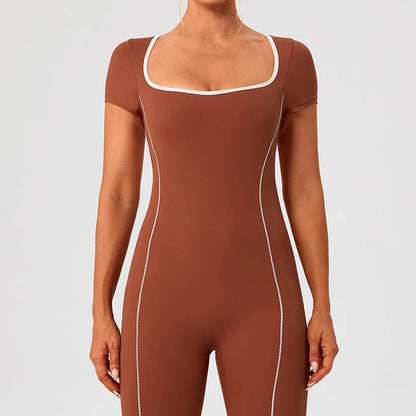 Gym Jumpsuits Women Sexy Open Back Sport Overallls Yoga Jumpsuit Workout One Pieces Suits Short Sleeve Romper Bodysuit