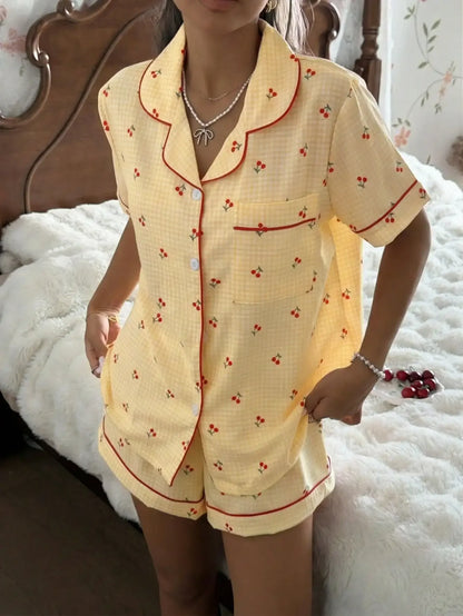 Pink Plaid Cherry Print Shirt Collar Short Sleeve & Shorts Pajama Set For Women