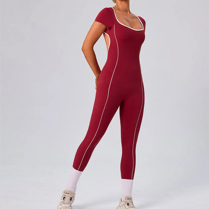 Gym Jumpsuits Women Sexy Open Back Sport Overallls Yoga Jumpsuit Workout One Pieces Suits Short Sleeve Romper Bodysuit