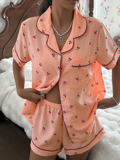 Pink Plaid Cherry Print Shirt Collar Short Sleeve & Shorts Pajama Set For Women