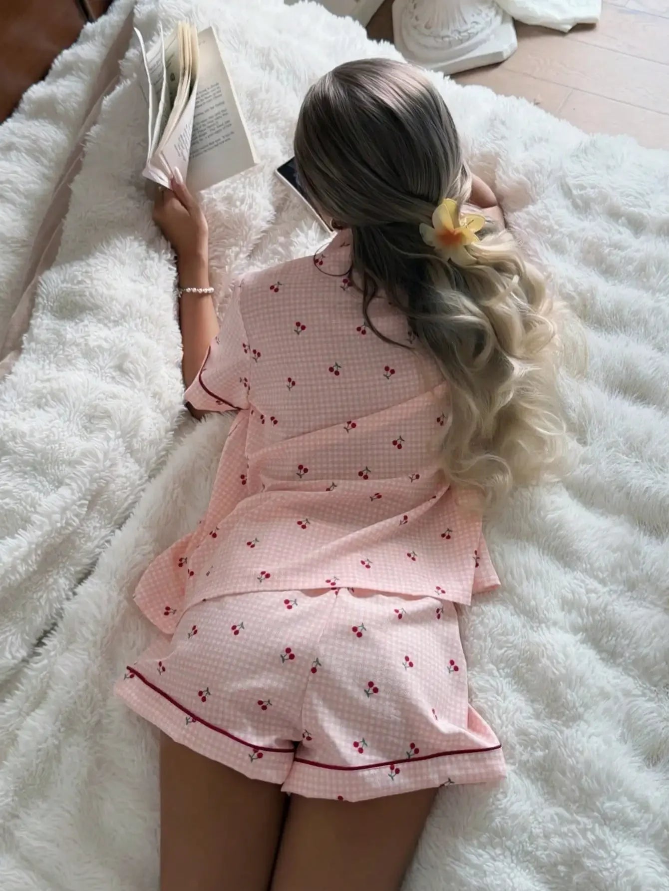 Pink Plaid Cherry Print Shirt Collar Short Sleeve & Shorts Pajama Set For Women