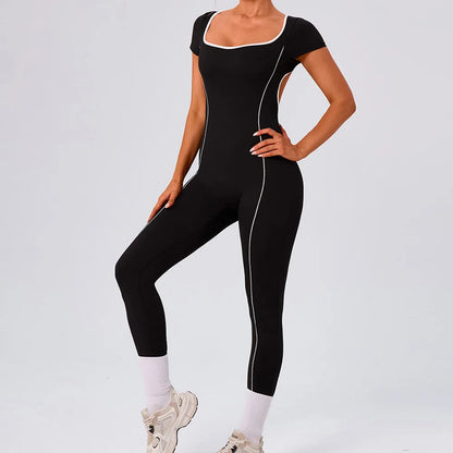 Gym Jumpsuits Women Sexy Open Back Sport Overallls Yoga Jumpsuit Workout One Pieces Suits Short Sleeve Romper Bodysuit