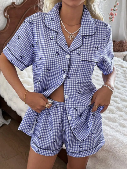 Pink Plaid Cherry Print Shirt Collar Short Sleeve & Shorts Pajama Set For Women
