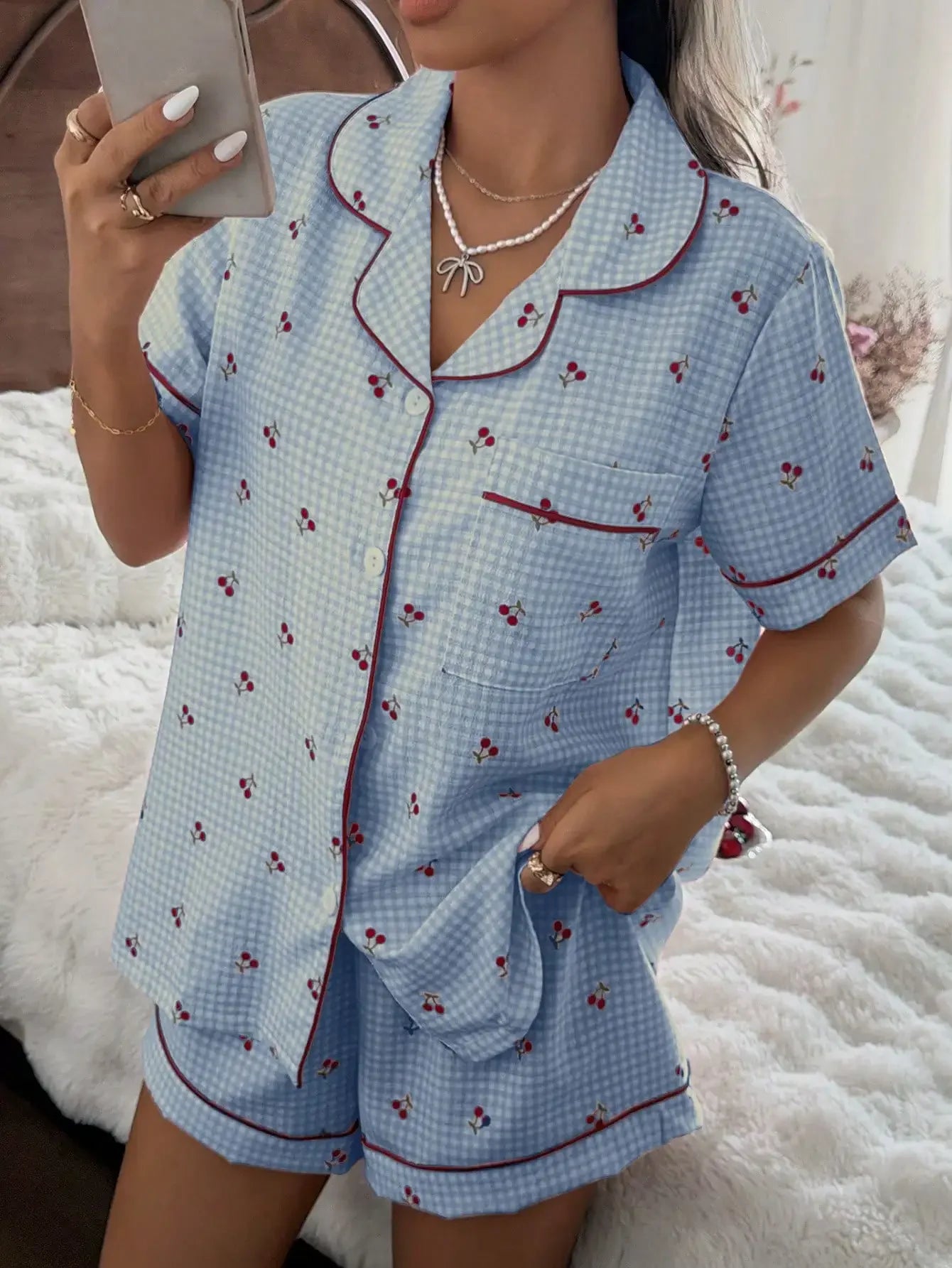 Pink Plaid Cherry Print Shirt Collar Short Sleeve & Shorts Pajama Set For Women