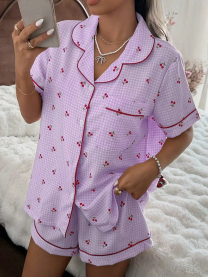 Pink Plaid Cherry Print Shirt Collar Short Sleeve & Shorts Pajama Set For Women