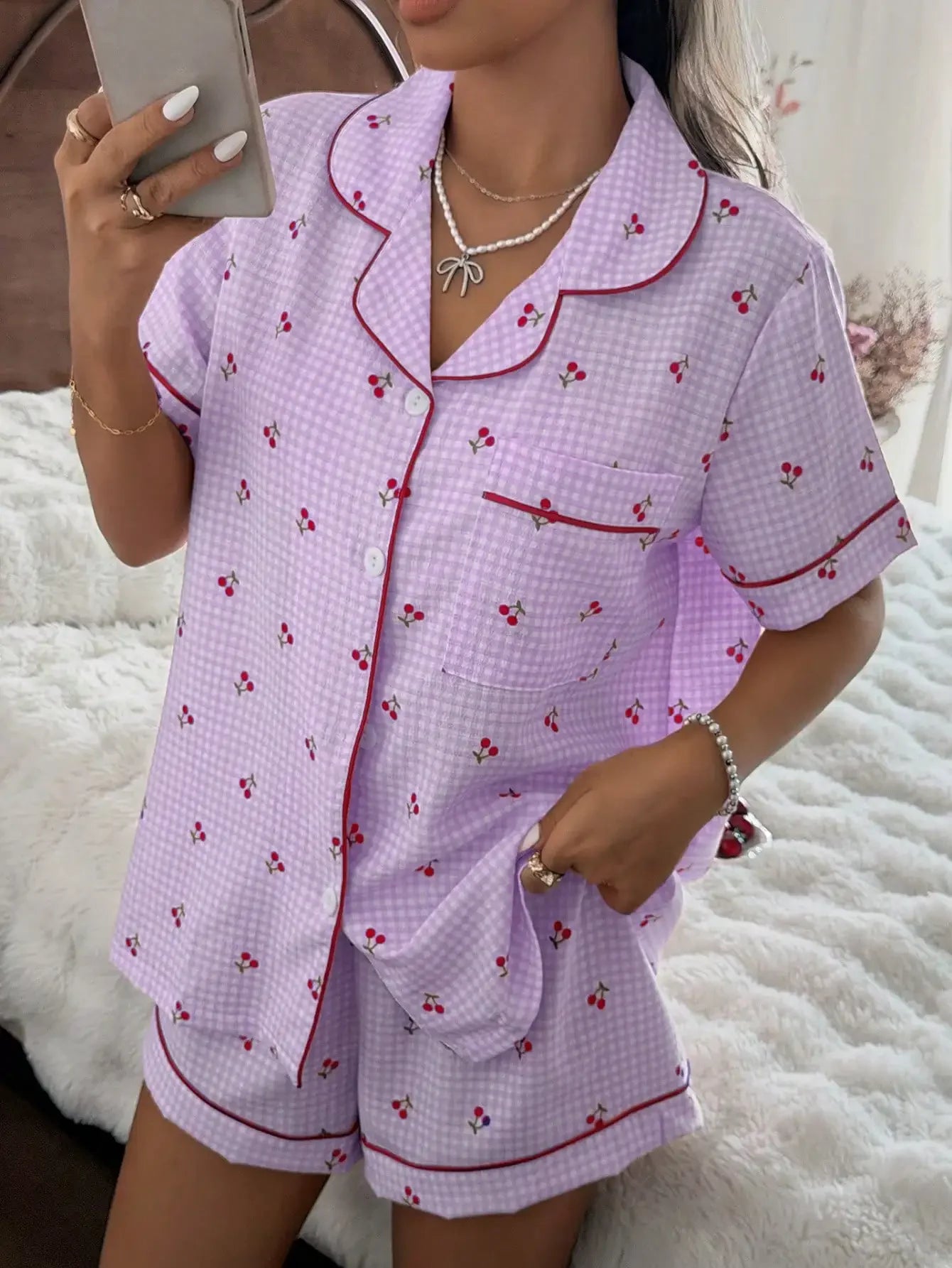 Pink Plaid Cherry Print Shirt Collar Short Sleeve & Shorts Pajama Set For Women