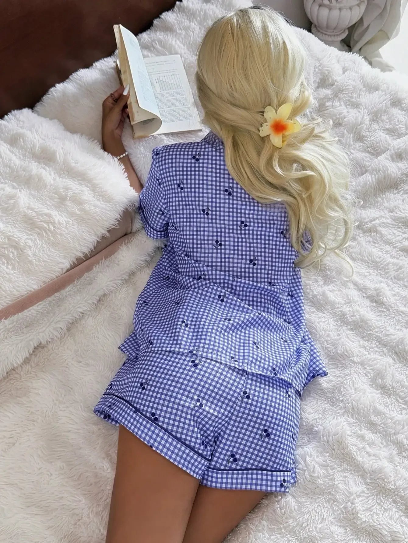 Pink Plaid Cherry Print Shirt Collar Short Sleeve & Shorts Pajama Set For Women