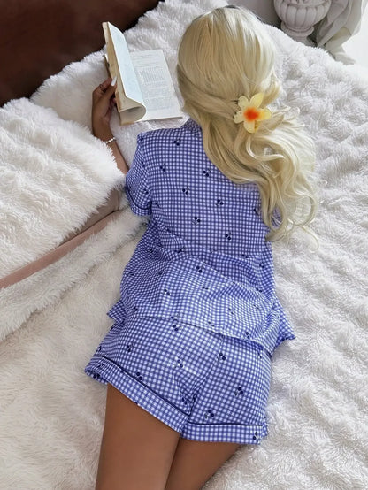 Pink Plaid Cherry Print Shirt Collar Short Sleeve & Shorts Pajama Set For Women