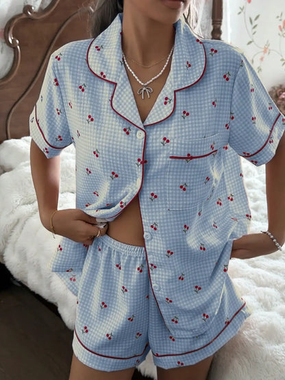 Pink Plaid Cherry Print Shirt Collar Short Sleeve & Shorts Pajama Set For Women