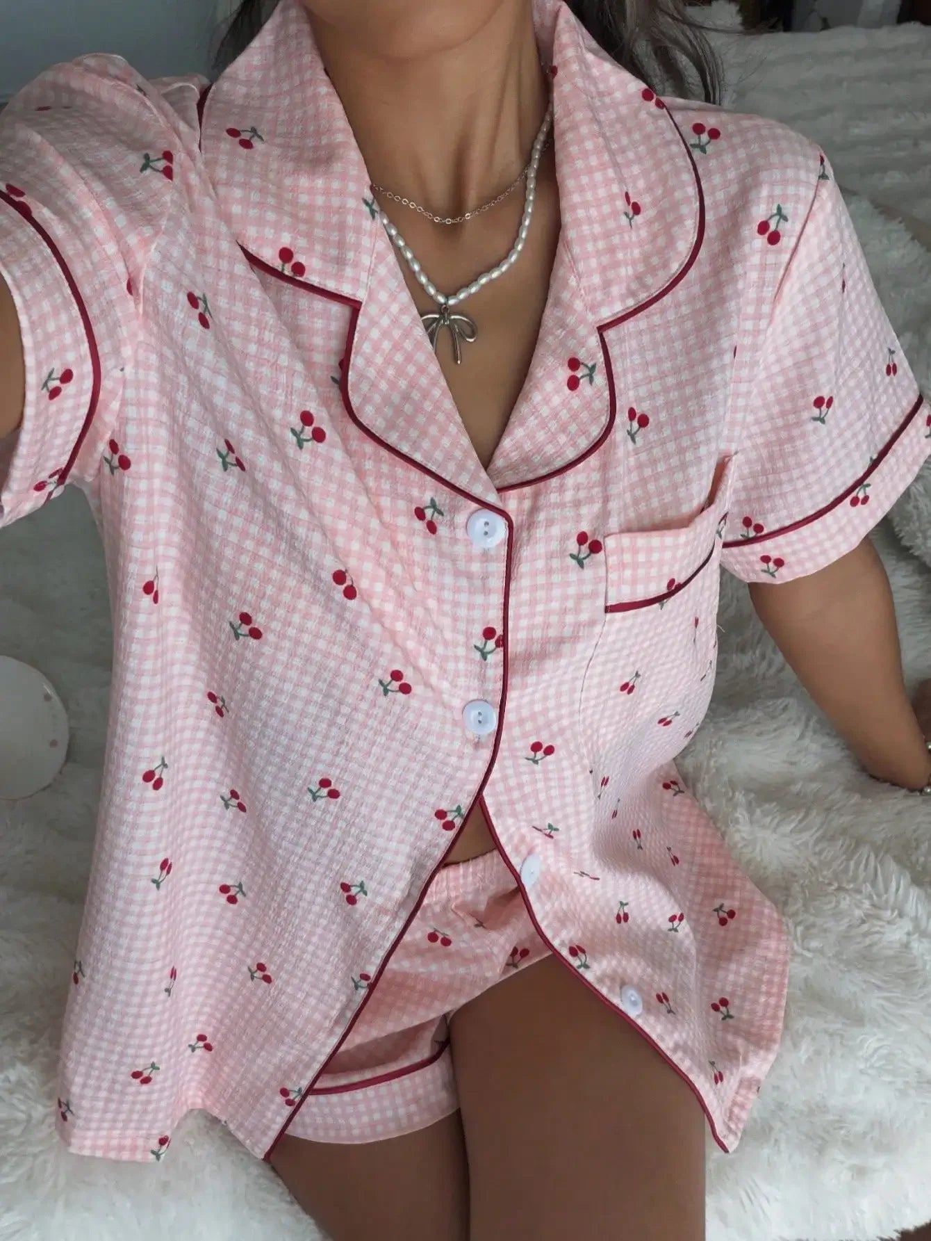 Pink Plaid Cherry Print Shirt Collar Short Sleeve & Shorts Pajama Set For Women