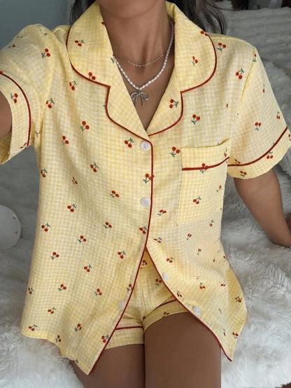 Pink Plaid Cherry Print Shirt Collar Short Sleeve & Shorts Pajama Set For Women