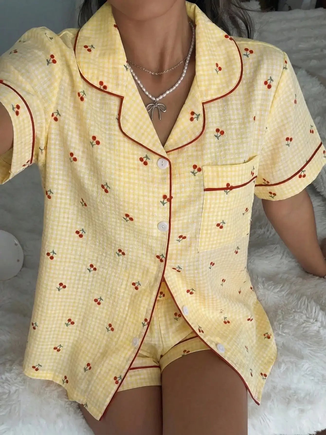 Pink Plaid Cherry Print Shirt Collar Short Sleeve & Shorts Pajama Set For Women