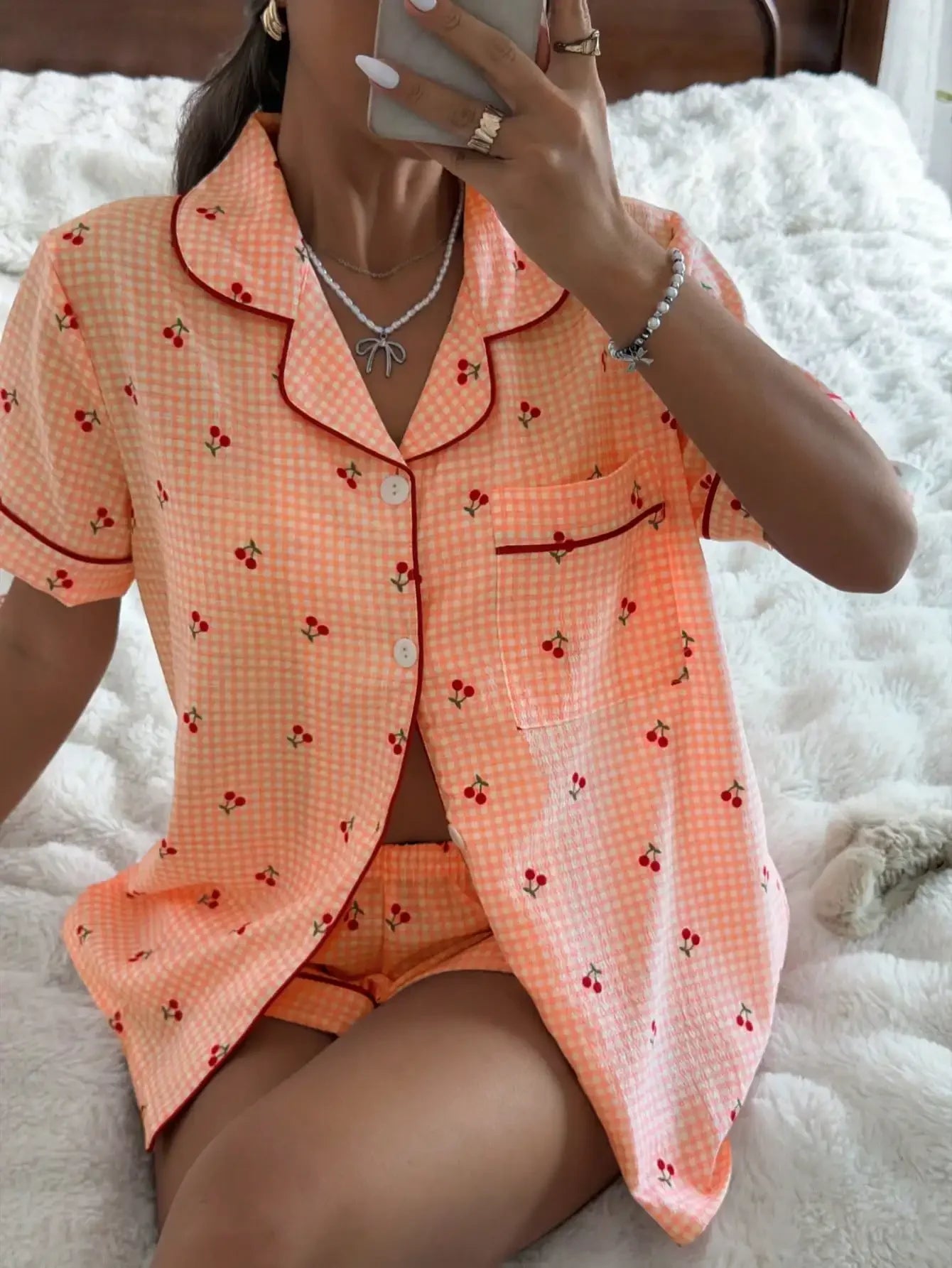 Pink Plaid Cherry Print Shirt Collar Short Sleeve & Shorts Pajama Set For Women