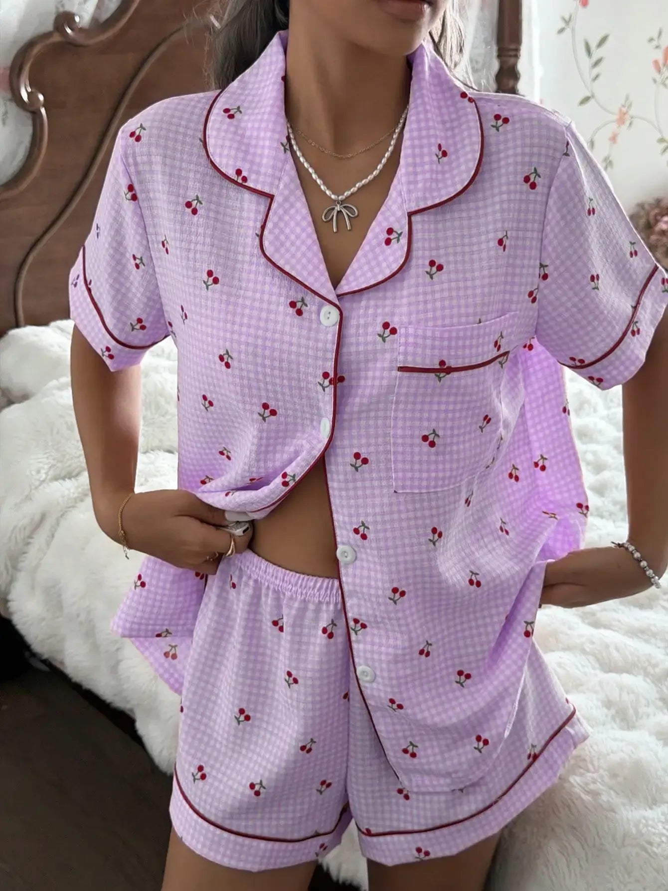 Pink Plaid Cherry Print Shirt Collar Short Sleeve & Shorts Pajama Set For Women