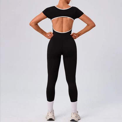 Gym Jumpsuits Women Sexy Open Back Sport Overallls Yoga Jumpsuit Workout One Pieces Suits Short Sleeve Romper Bodysuit