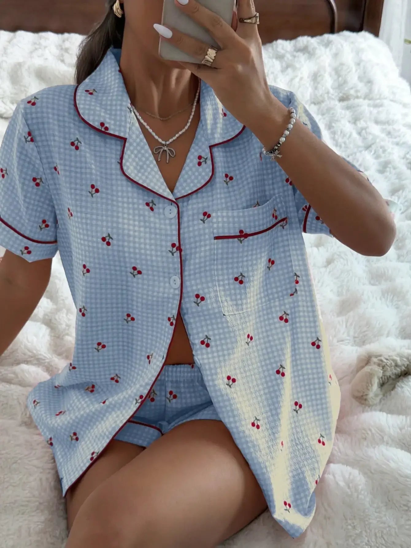 Pink Plaid Cherry Print Shirt Collar Short Sleeve & Shorts Pajama Set For Women