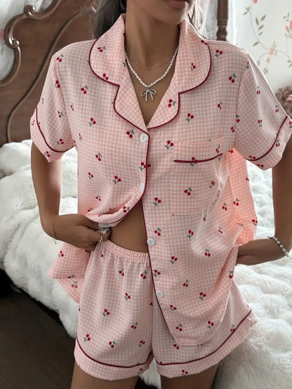 Pink Plaid Cherry Print Shirt Collar Short Sleeve & Shorts Pajama Set For Women